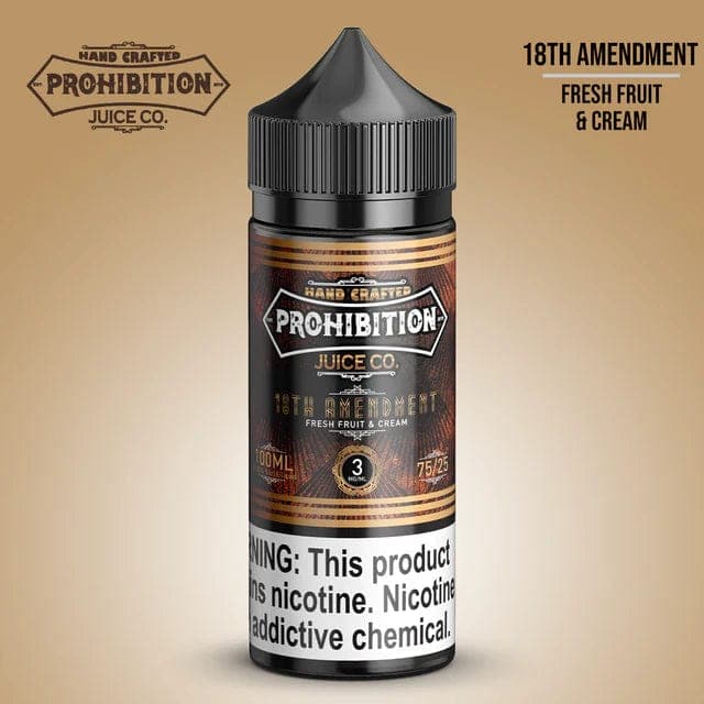 18th Amendment Prohibition Juice Co. e-liquid bottle, 100mL with vintage-style label for vaping flavor.