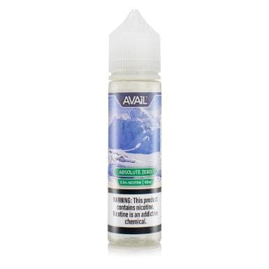 Bottle of Absolute Zero AVAIL Vapor 60mL e-liquid with black and blue label and dropper cap, designed for vaping.
