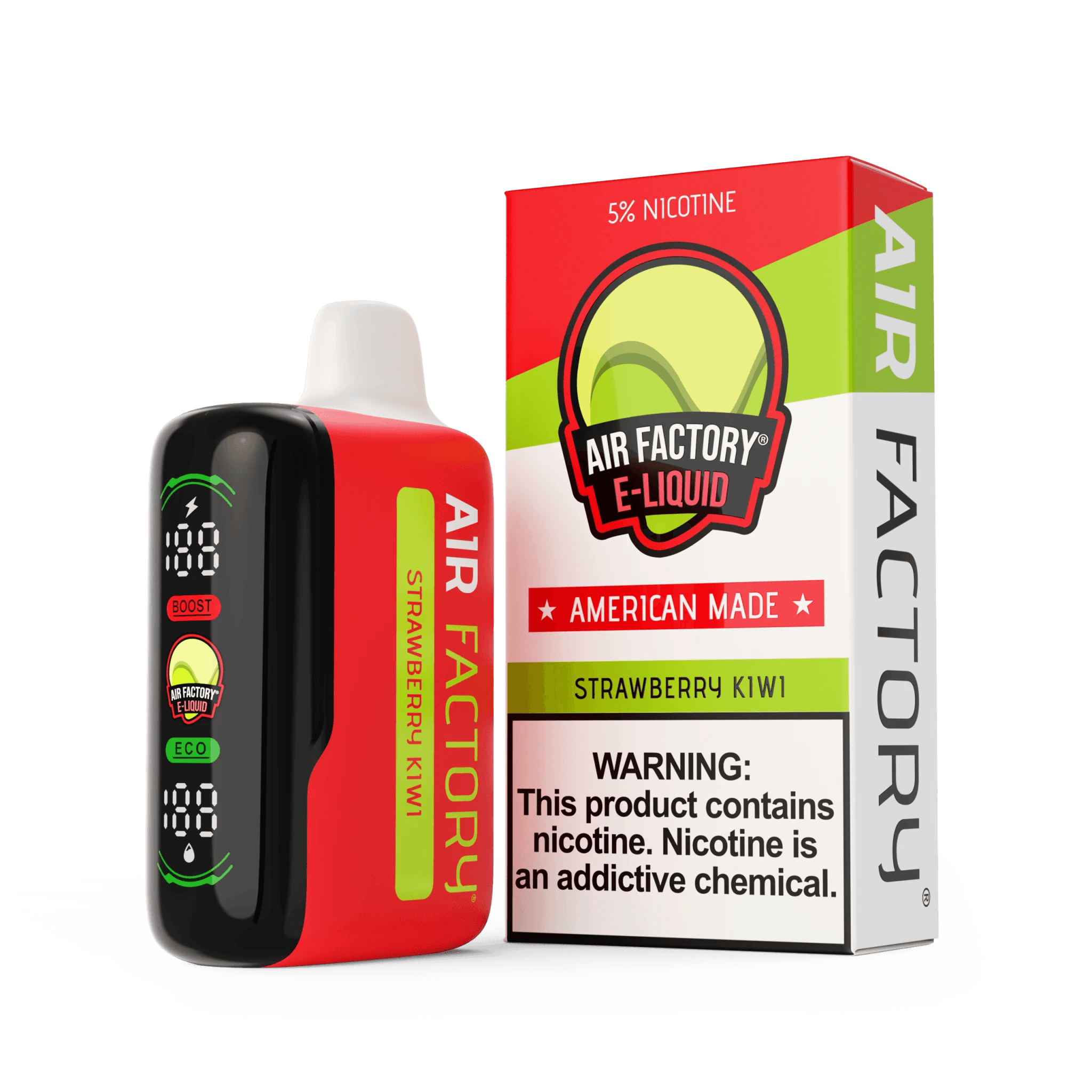 Air Factory 20K Puff Disposable vape pen with sleek design and mouthpiece, featuring colorful branding and compact size.