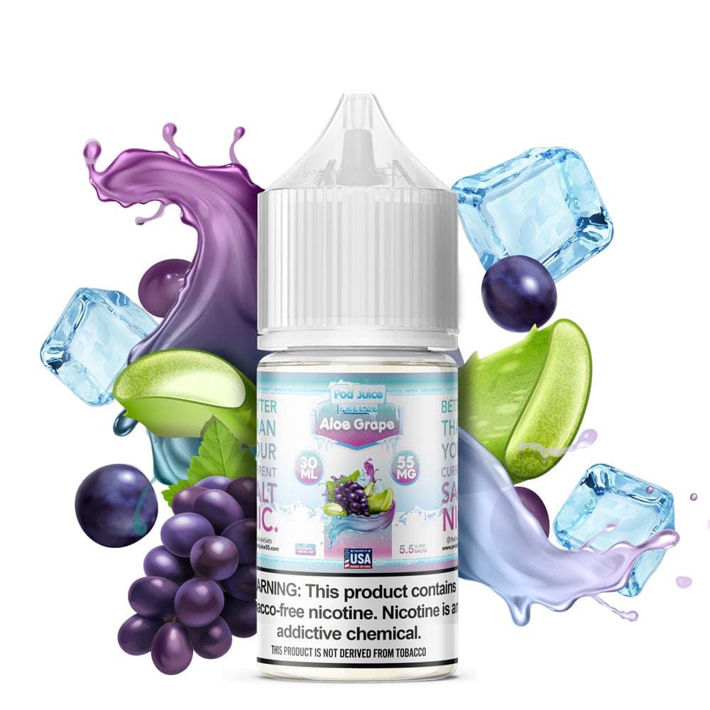 A 30ml bottle of Pod Juice Aloe Grape Freeze Salt e-liquid with vibrant label, showcasing aloe and grape flavor imagery.