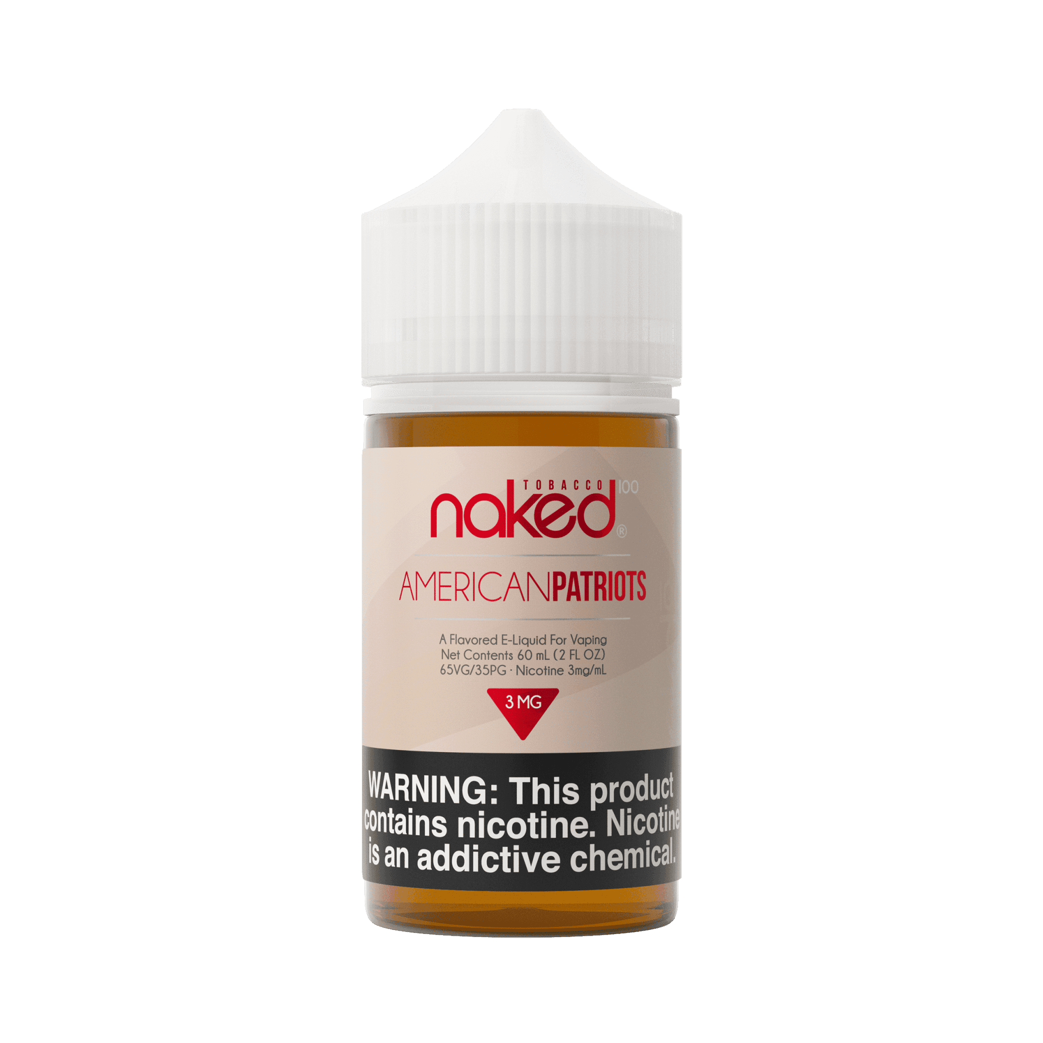 American Patriots Naked 100 60mL e-liquid bottle with colorful label featuring patriotic design and branding.