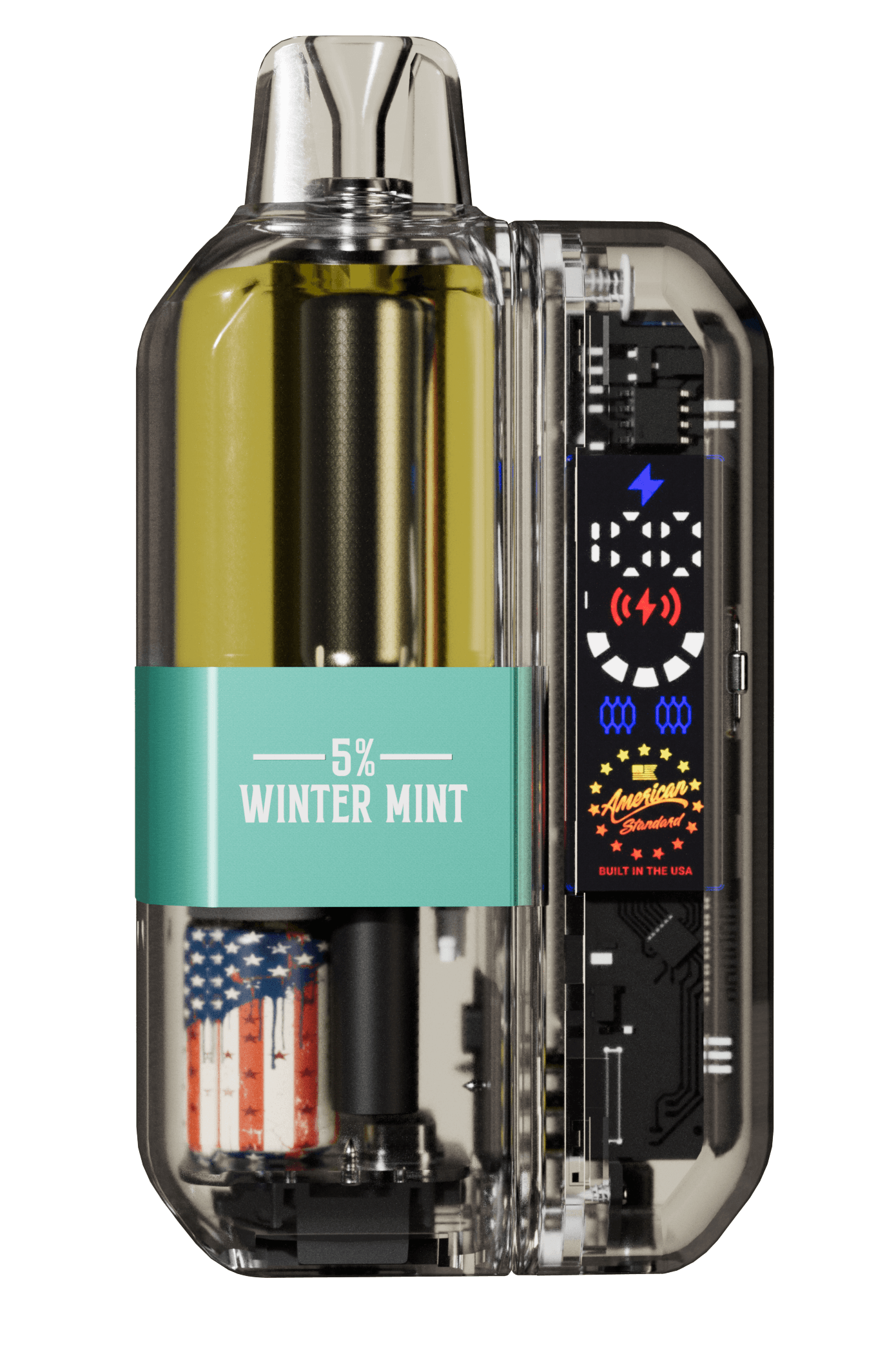 Vape device with digital display and '5% Winter Mint' label on a white background