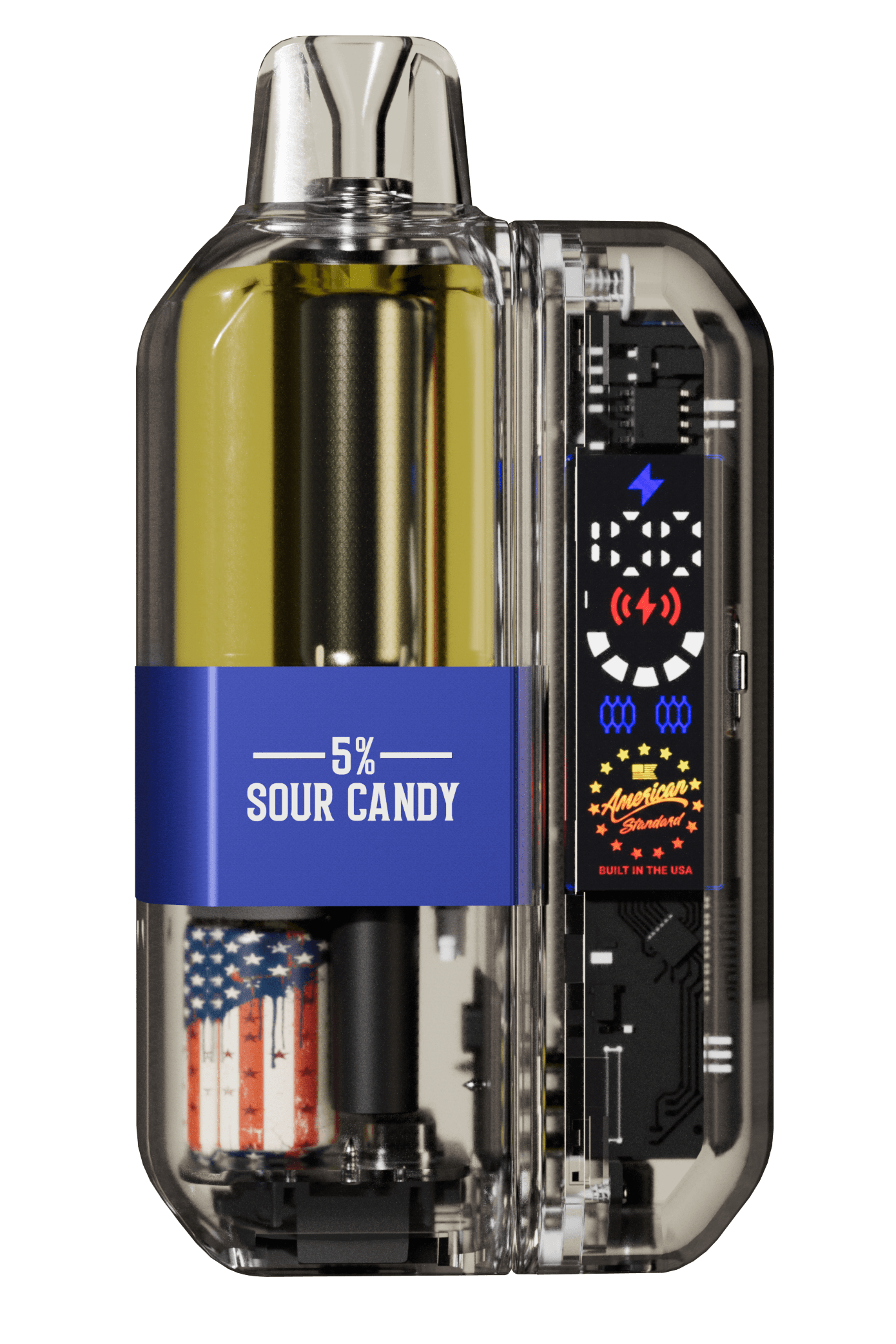 Vape device with digital display and American flag design on a white background