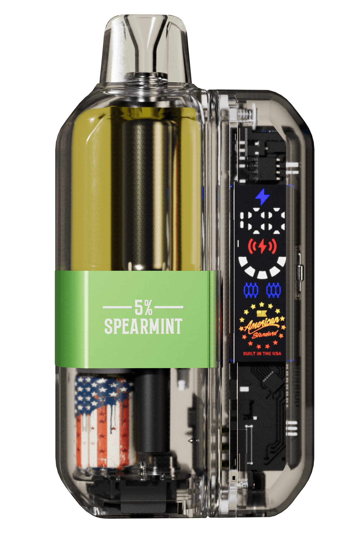Vape device with a clear casing, displaying electronic components and branding on a white background - Big D Vapor