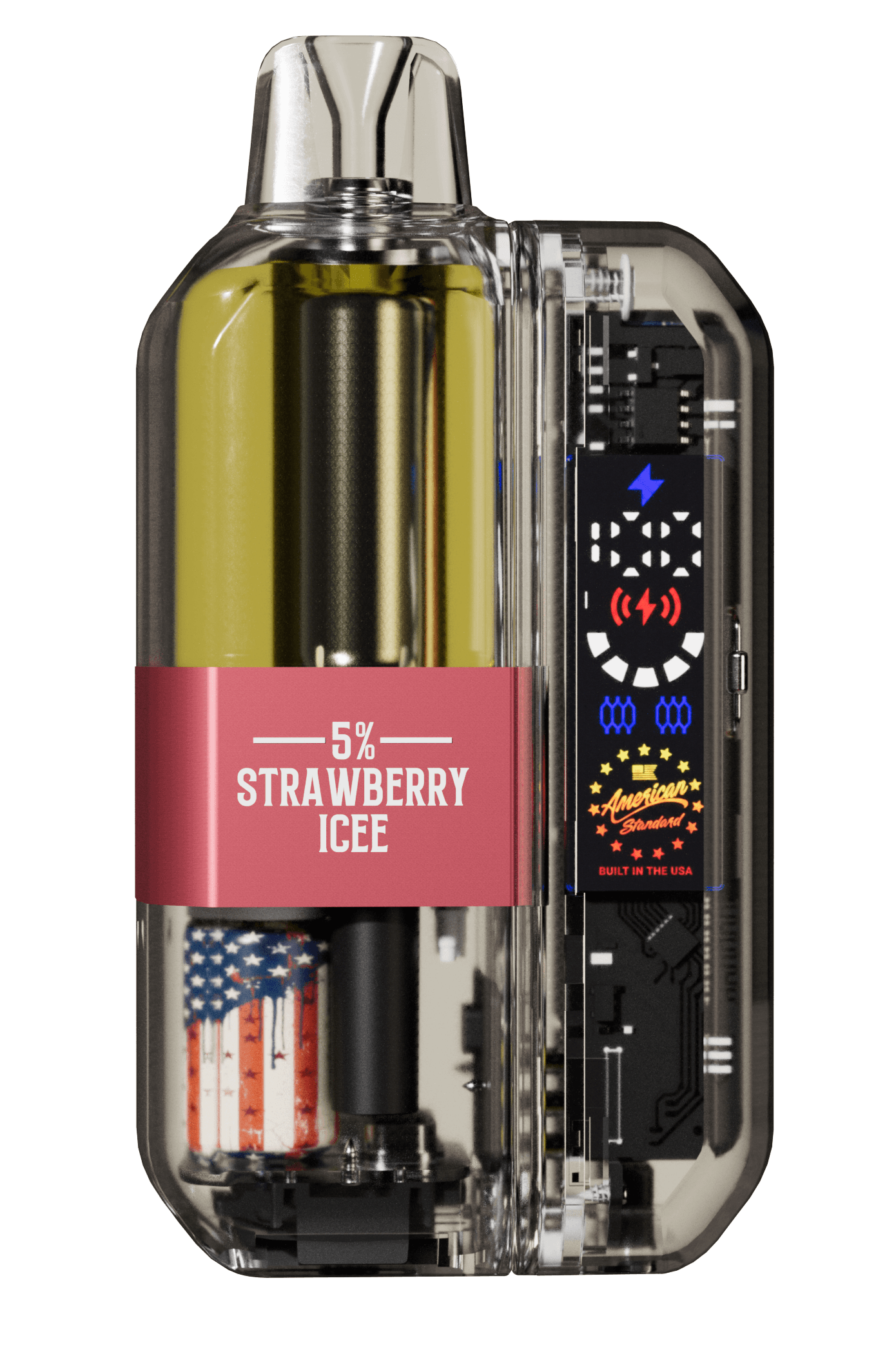 American Standard disposable '5% Strawberry Icee' label and Built in the USA