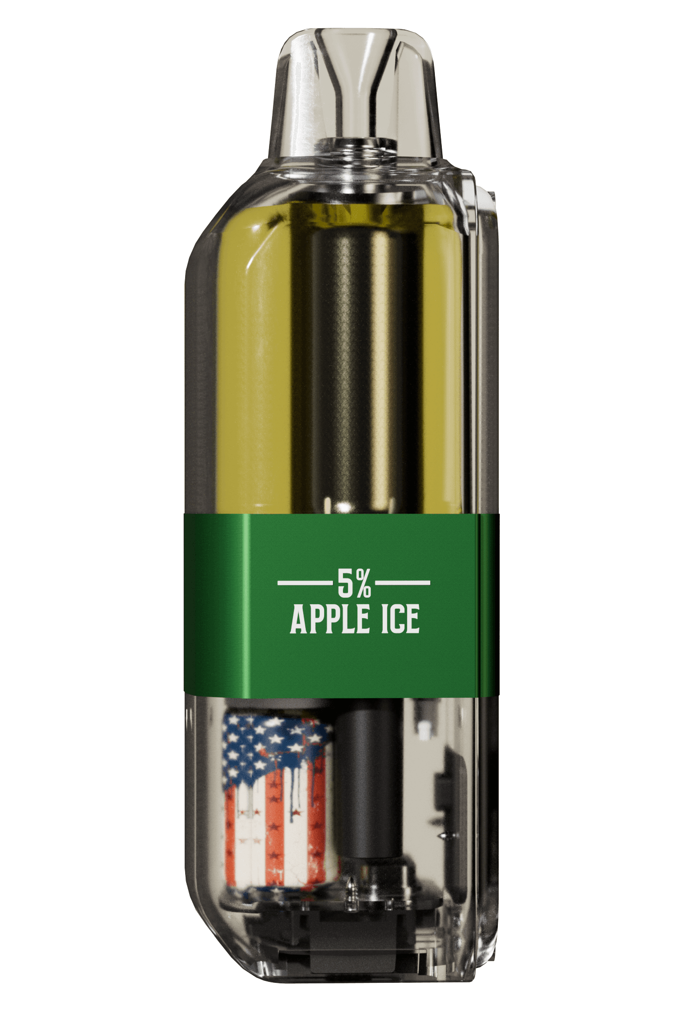 Vape device with '5% Apple Ice' label and American flag design on a white background