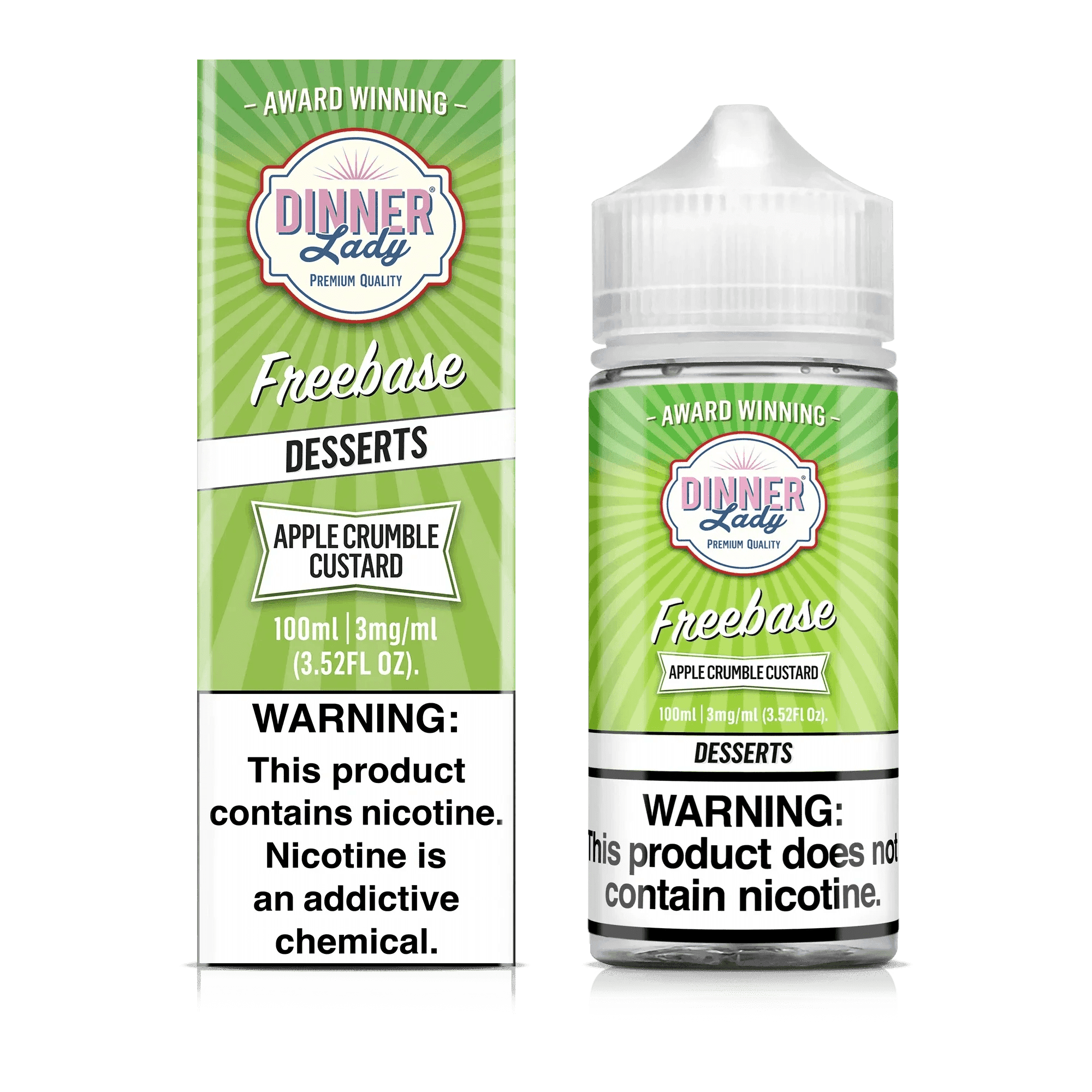 Apple Crumble Custard e-liquid by Dinner Lady in a 100mL bottle, featuring a rich apple crumble with creamy custard flavor.