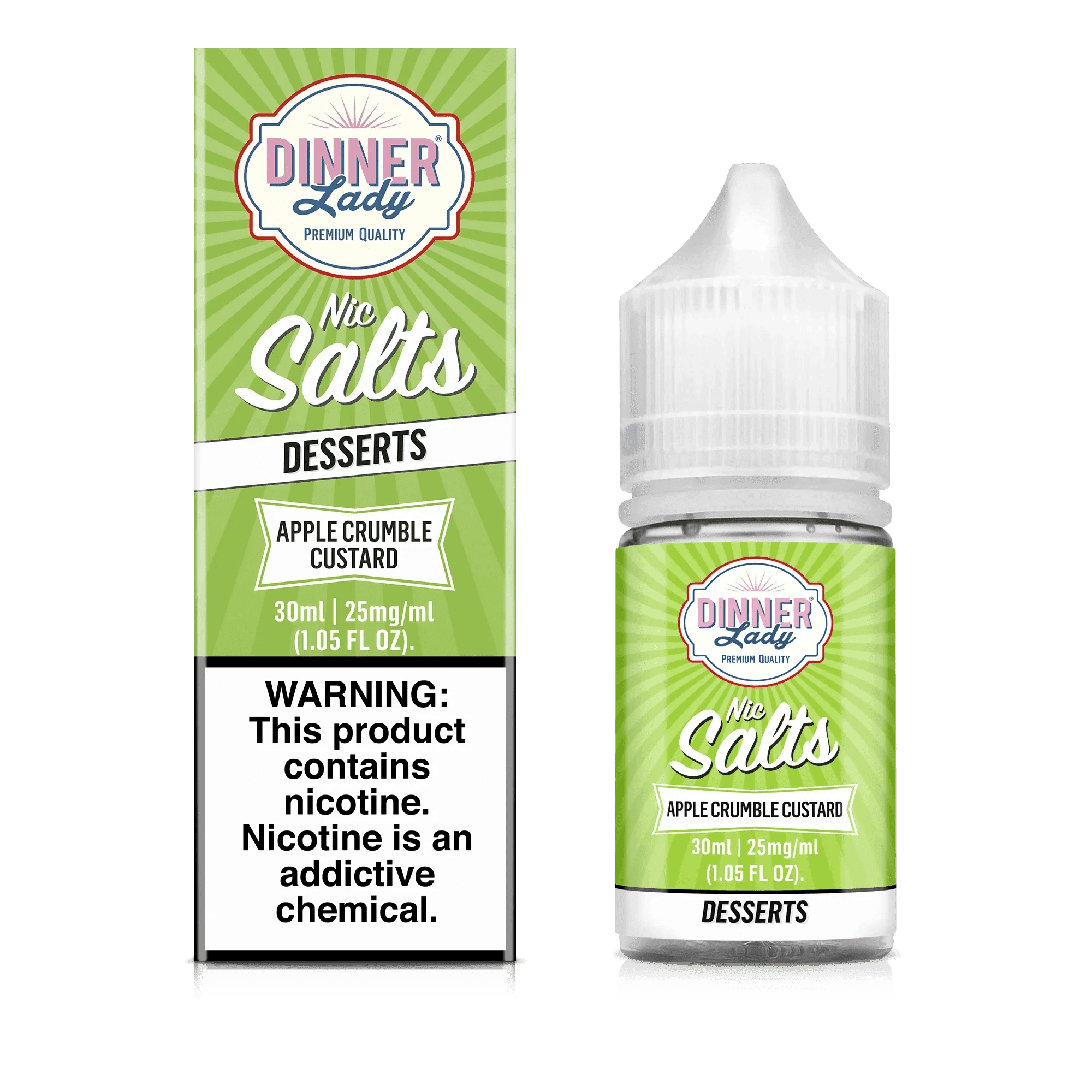 Apple Crumble Custard SALT e-liquid by Dinner Lady in 30mL bottle, featuring a rich apple and custard flavor profile.
