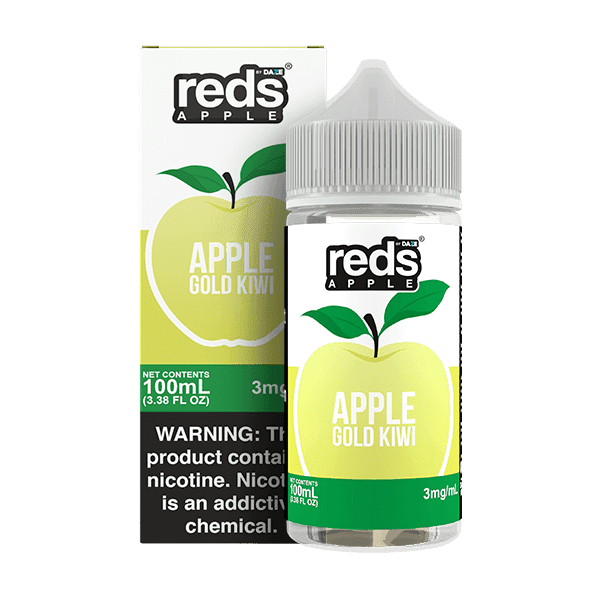 Bottle of Red's Apple E-Juice by 7 Daze with Apple Gold Kiwi flavor, 100mL e-liquid for vaping, featuring a colorful label.