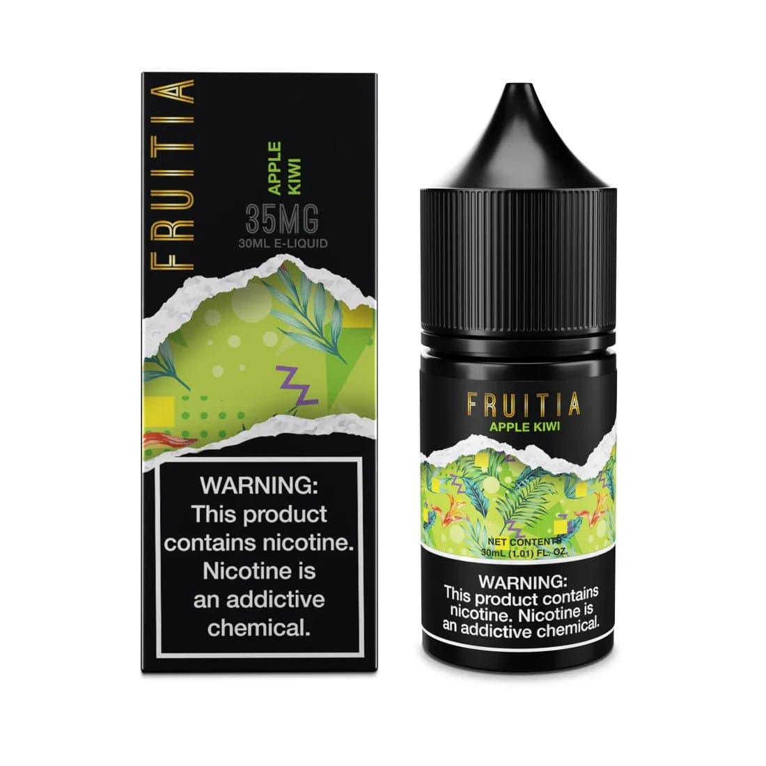 Apple Kiwi SALT e-liquid by Fruitia showing a 30mL bottle with apple and kiwi flavor and vibrant fruit illustrations.
