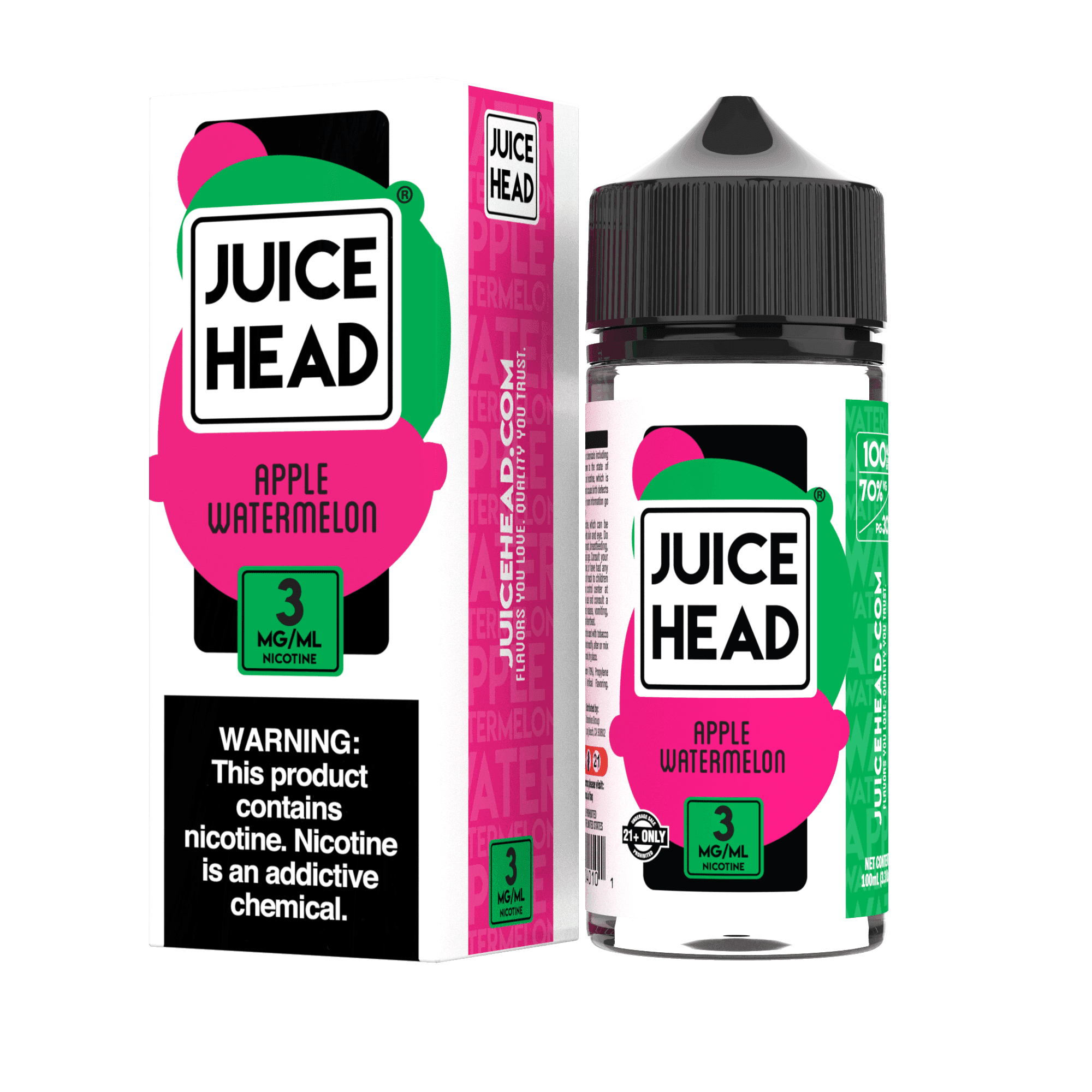 Juice Head Apple Watermelon e-liquid bottle, 100mL, with vibrant label showing fresh apple and watermelon flavors.