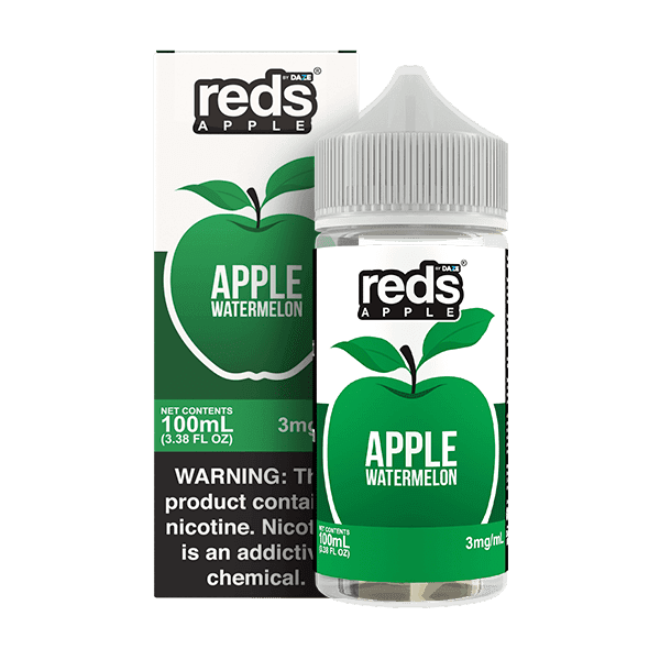 Red's Apple E-Juice watermelon and apple flavored e-liquid bottle, 100mL, with vibrant label design.