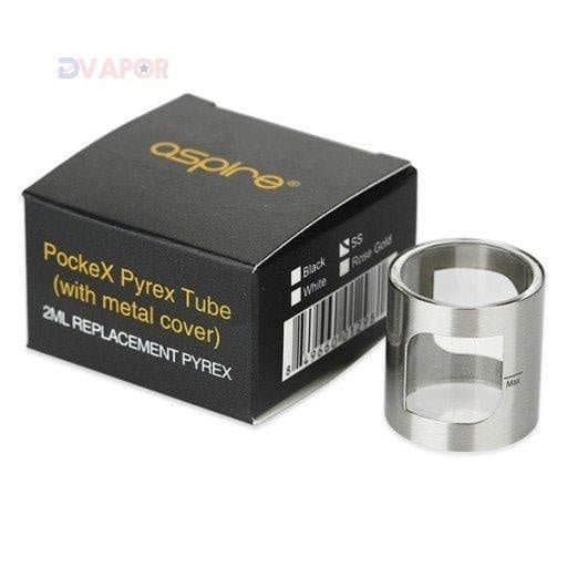 Aspire PockeX vape replacement glass tank showing clear glass tube for e-cigarette device.