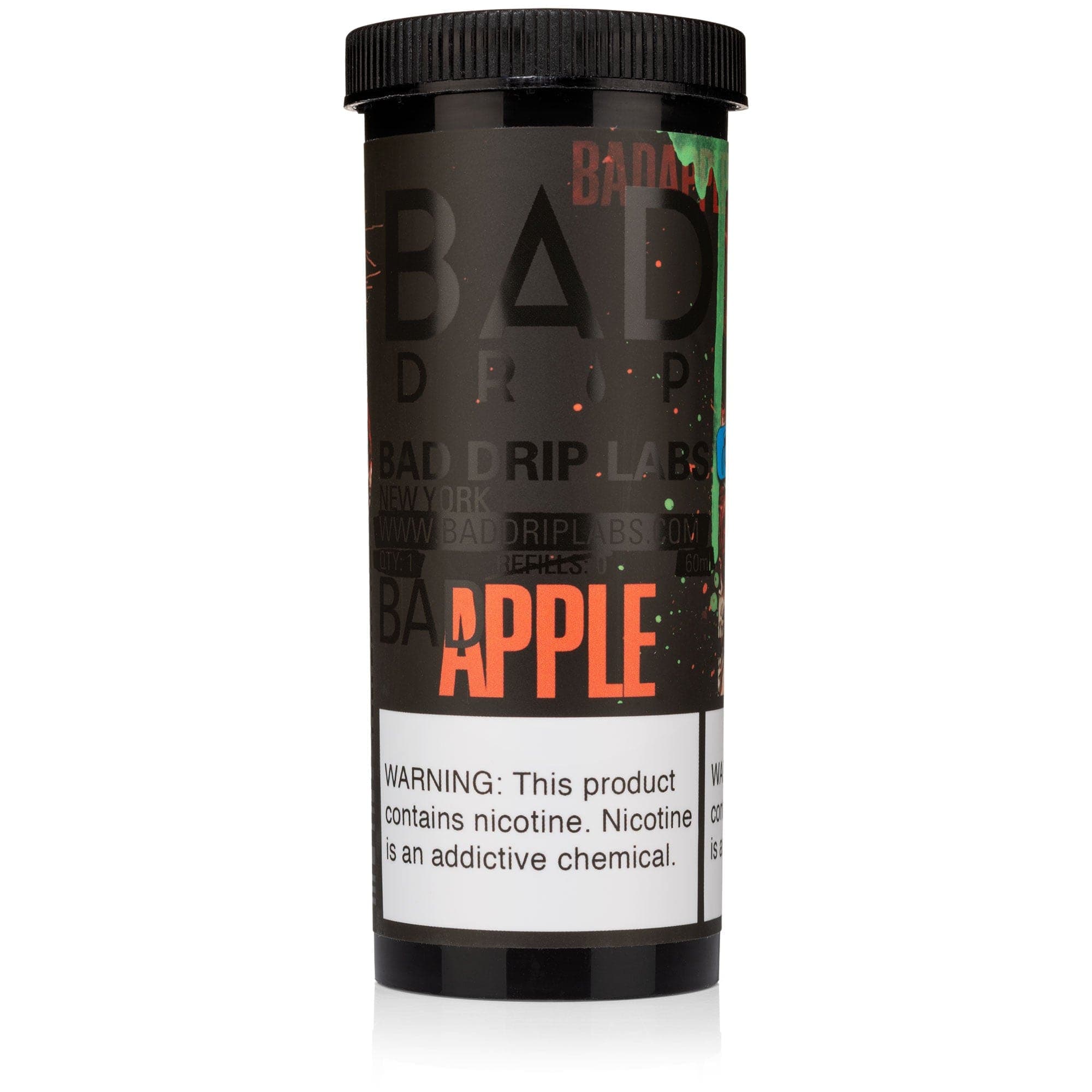 Bottle of Bad Apple e-liquid by Bad Drip Labs, 60mL, with a label featuring an apple and dark, edgy design.