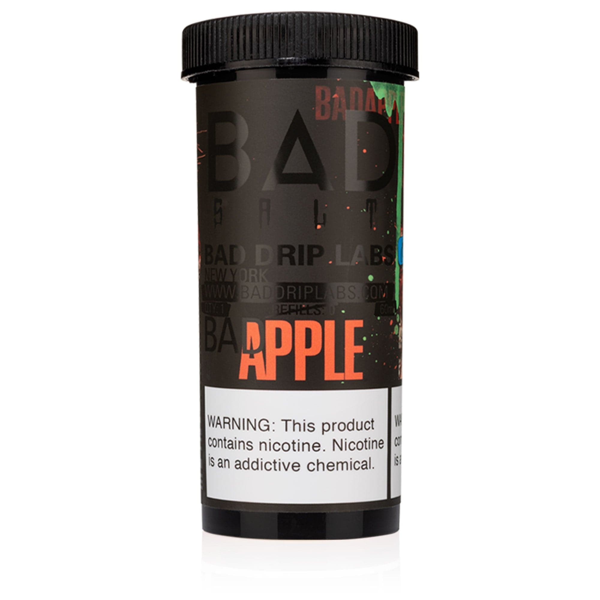 Bad Apple SALT e-liquid by Bad Drip Labs in a 30mL bottle, showcasing the colorful packaging and branding.