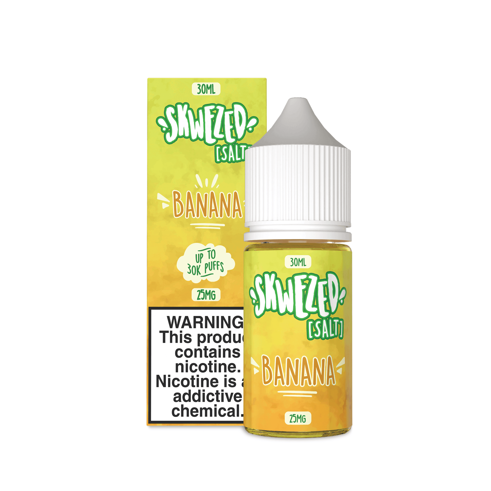 Skwezed Banana Nicotine Salt e-liquid bottle, 30ml size with vibrant banana flavor for vaping.