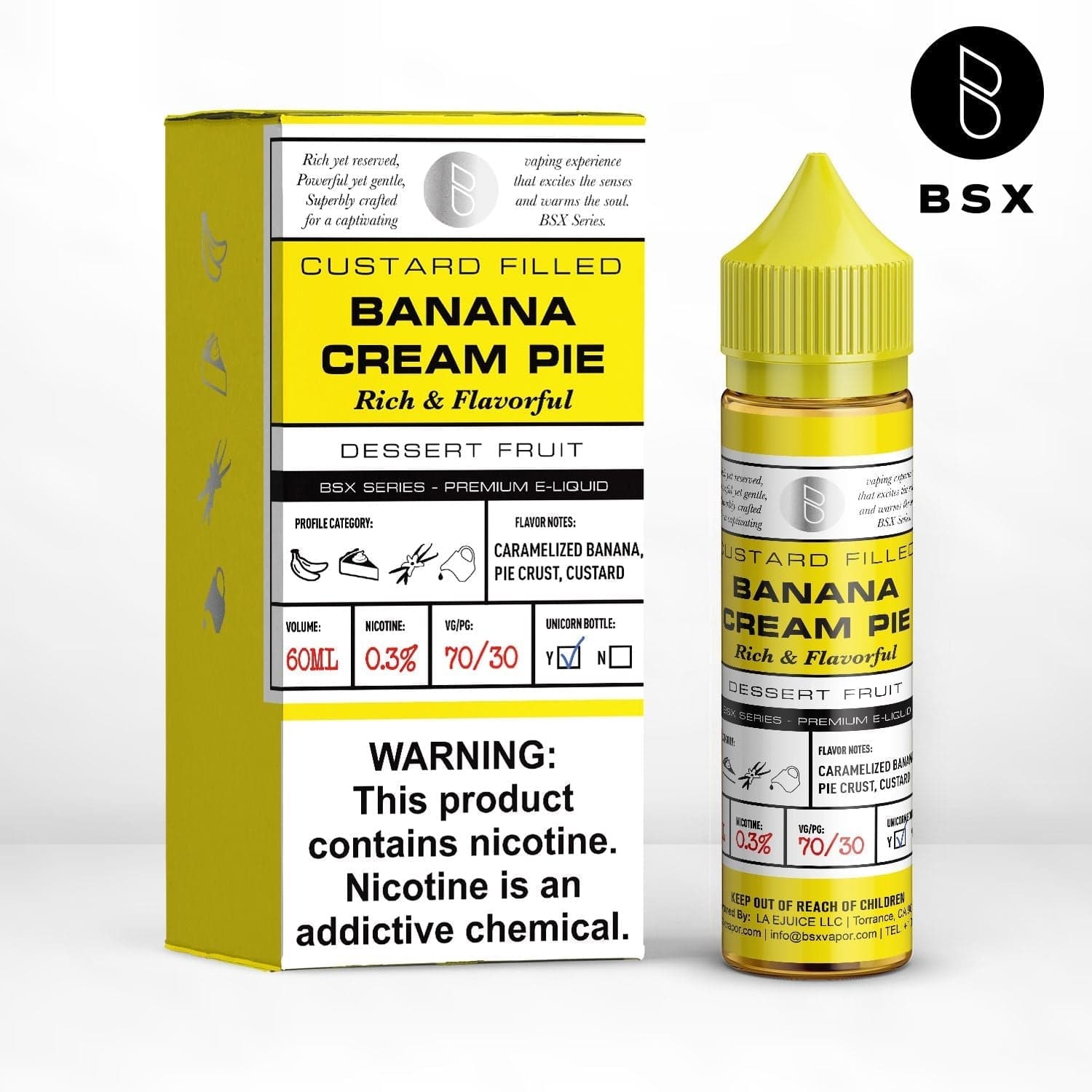 BSX Vapor Banana Cream Pie e-liquid bottle, 60ml, featuring a creamy banana dessert flavor with a smooth, rich finish.