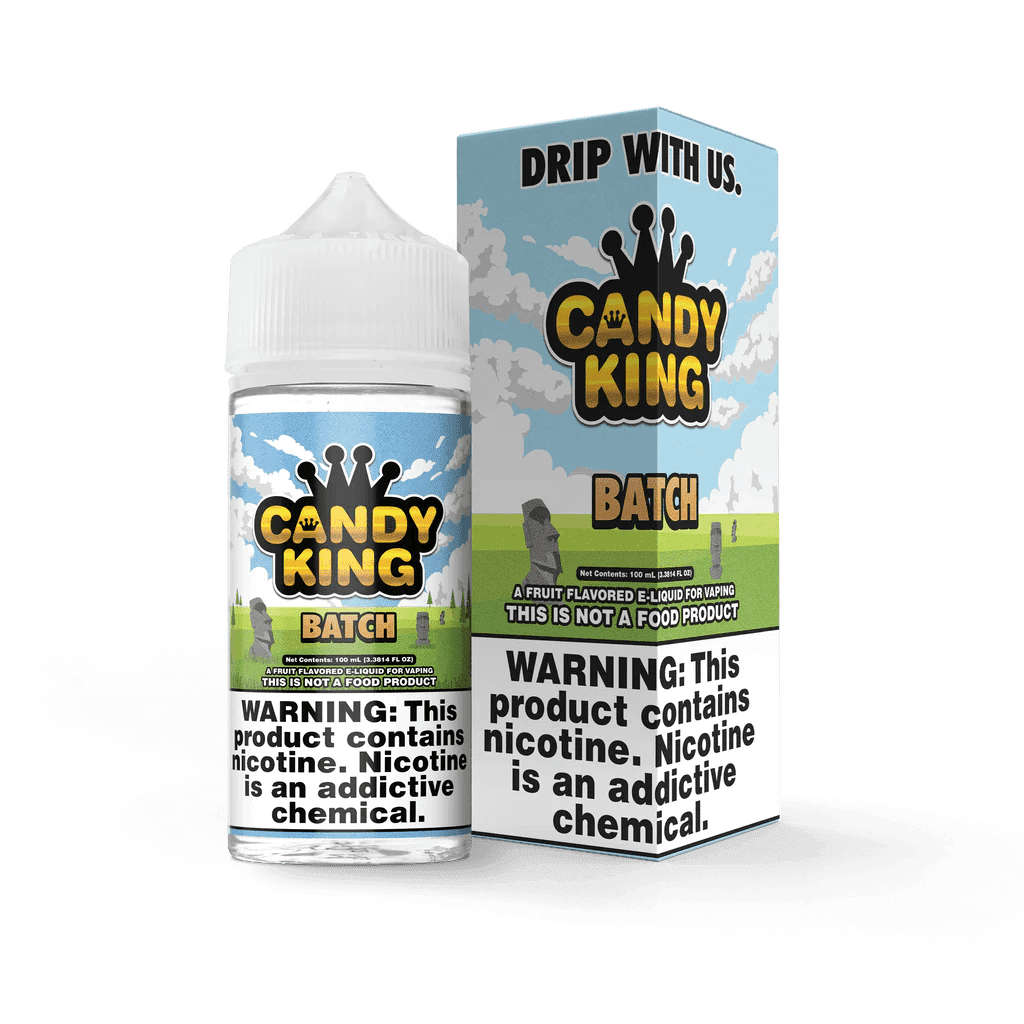 Batch Candy King 100mL e-liquid bottle with colorful label and cap, showcasing the popular vape juice flavor.