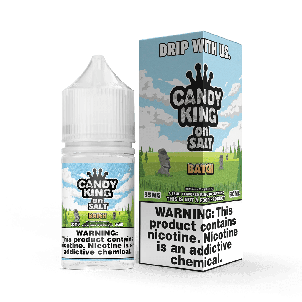 Batch SALT e-liquid by Candy King, 30mL bottle featuring colorful packaging and vape juice with candy flavor on a white background.