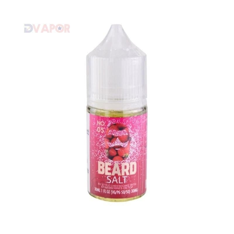 Beard Salts No. 05 NY Style Cheesecake strawberry-flavored e-liquid in a 30ml bottle with cheesecake and strawberries on the label.