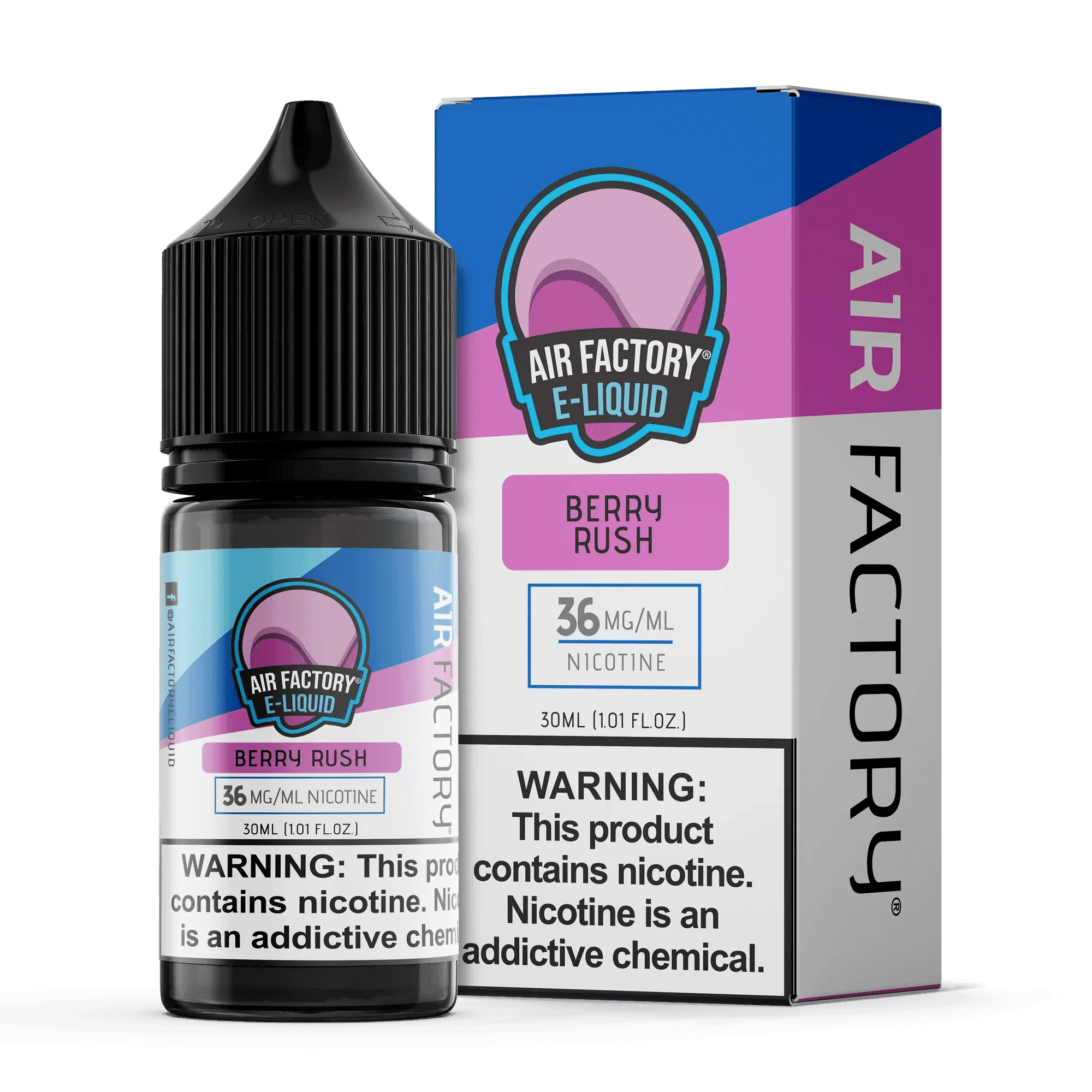 Berry Rush SALT e-liquid by Air Factory in 30mL bottle, featuring a mixed berry flavor with a smooth salt nicotine finish.