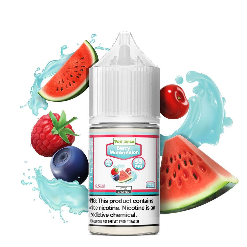 Berry Watermelon SALT e-liquid by Pod Juice in a 30mL bottle, featuring a fruity blend of berries and watermelon flavor.