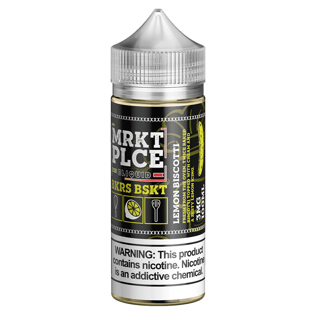 MRKT PLCE BKRS BSKT Lemon Biscotti e-liquid in 100mL bottle, featuring lemon and biscotti flavor details.