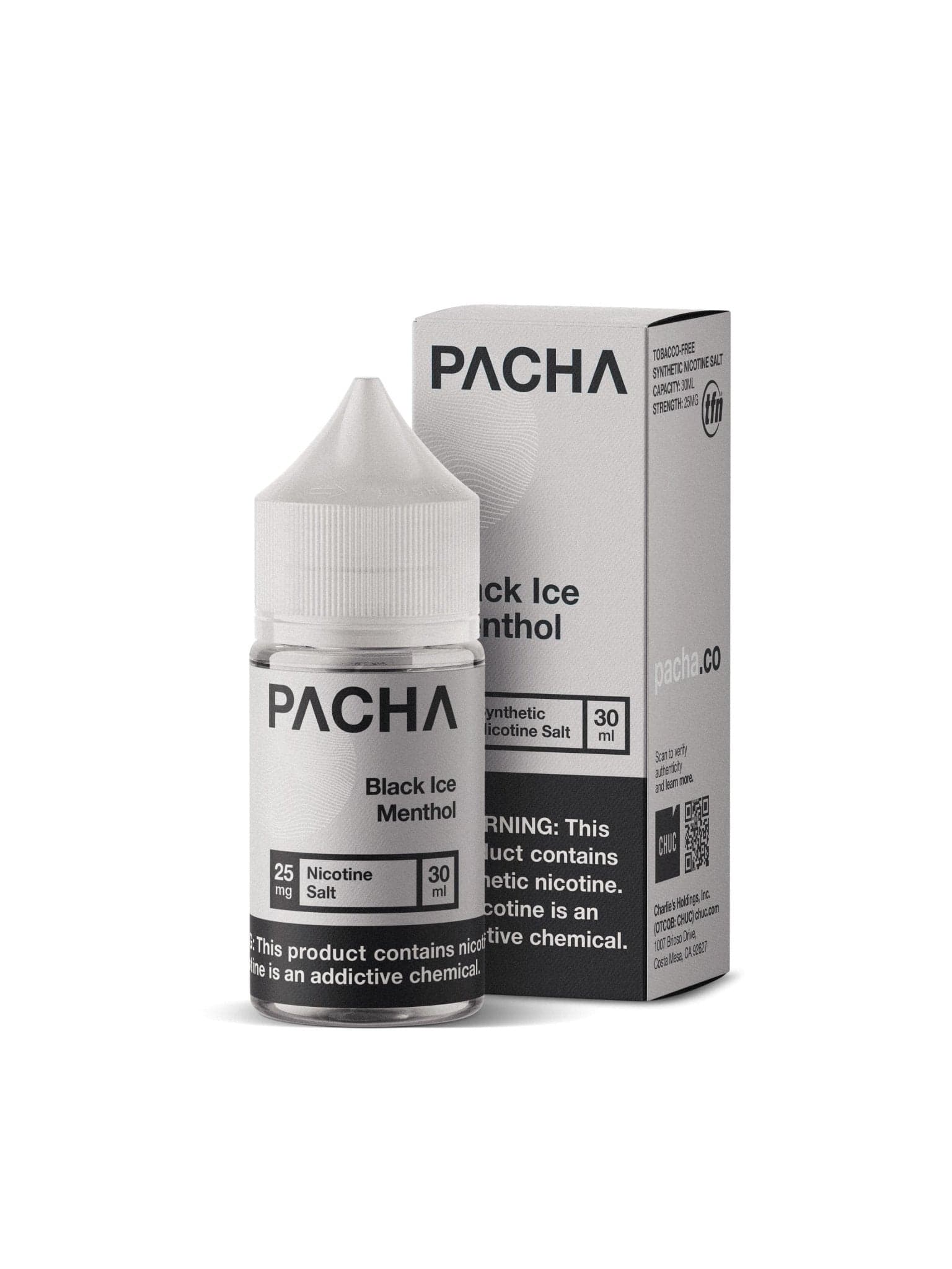 Black ICE Menthol Salt e-liquid by Pachamama in a 30mL bottle, featuring a menthol flavor with a dark, icy appearance.