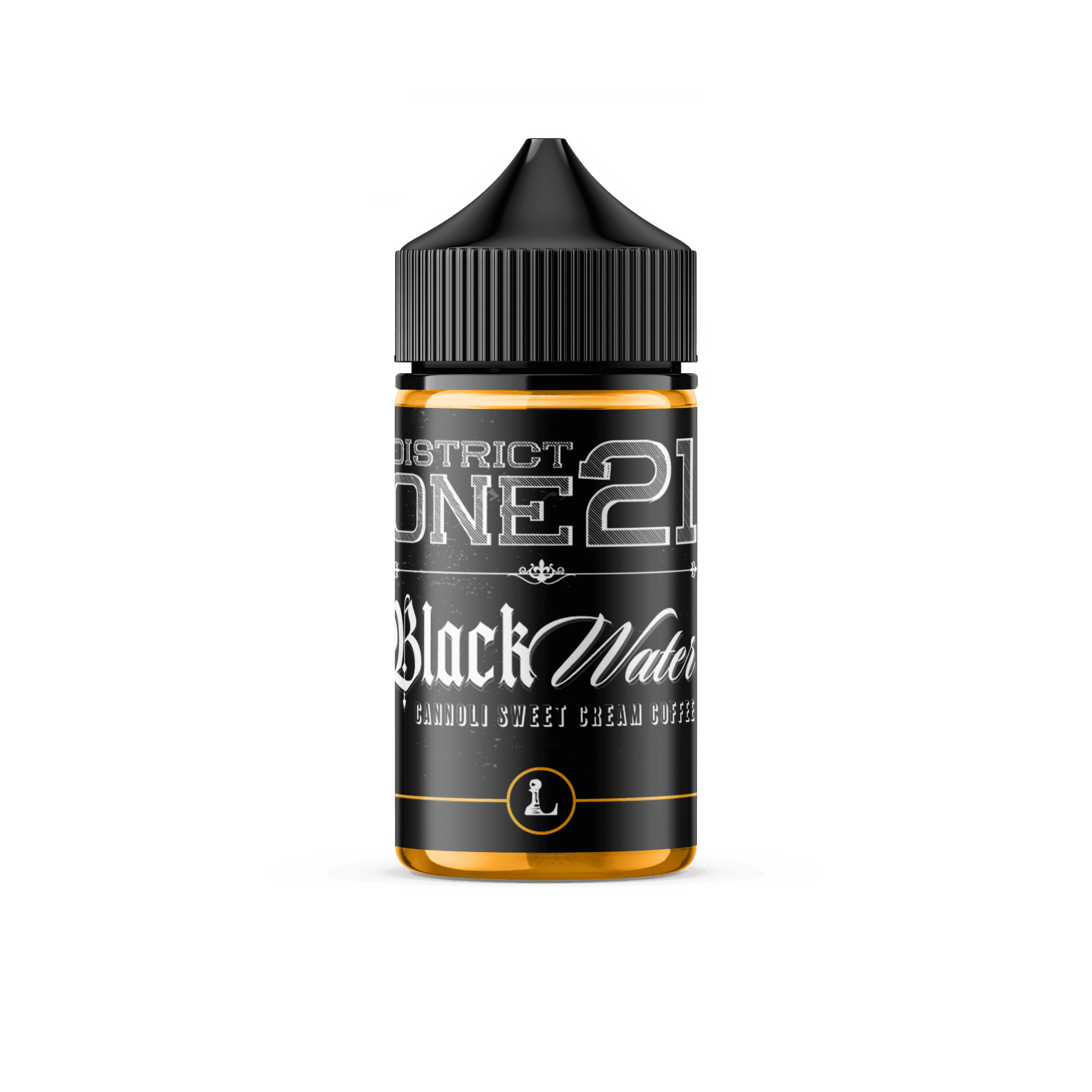 Black Water District One21 e-liquid by Five Pawns, 60mL bottle with dark liquid and sleek black label design.