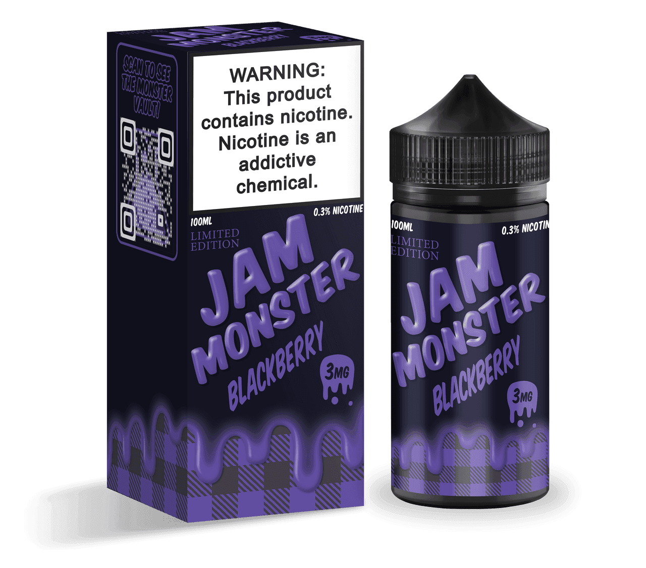 Blackberry Jam Monster E-Liquid 100mL bottle with blackberries and jam spread on the label.
