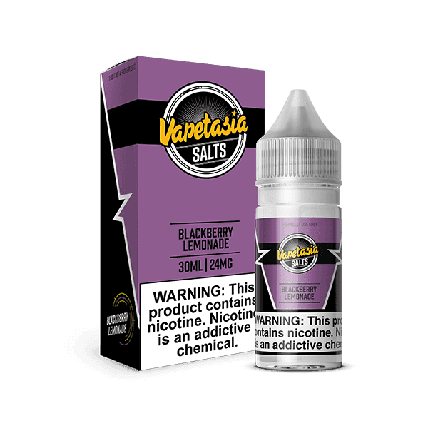 Vapetasia Blackberry Lemonade Salt e-liquid bottle, 30mL, with label featuring blackberries and lemons for vaping.