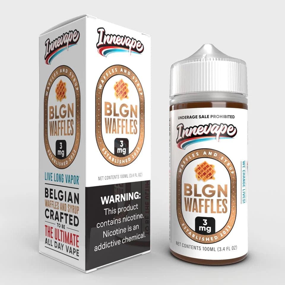 Innevape BLGN Waffles e-liquid bottle, 100mL size with waffle flavor for vaping.