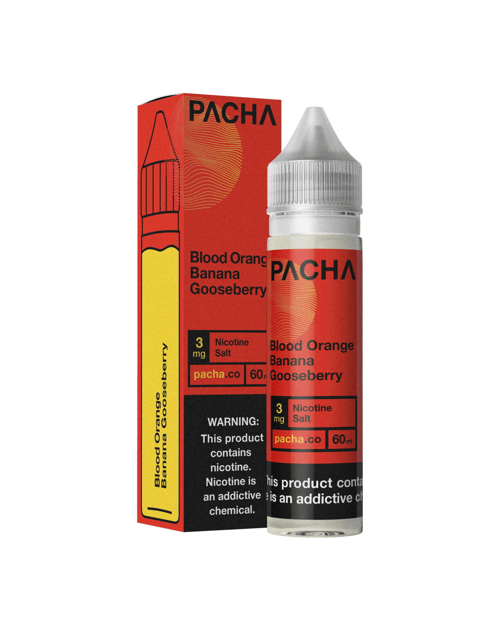 Blood orange, banana, and gooseberry Pachamama e-liquid in a 60mL bottle, showcasing vibrant fruit flavors and colorful packaging.