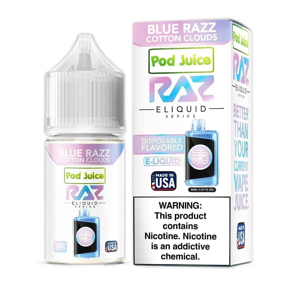Blue Razz Cotton Clouds Salt E-liquid by Pod Juice, 30mL bottle with blue and pink flavor design.