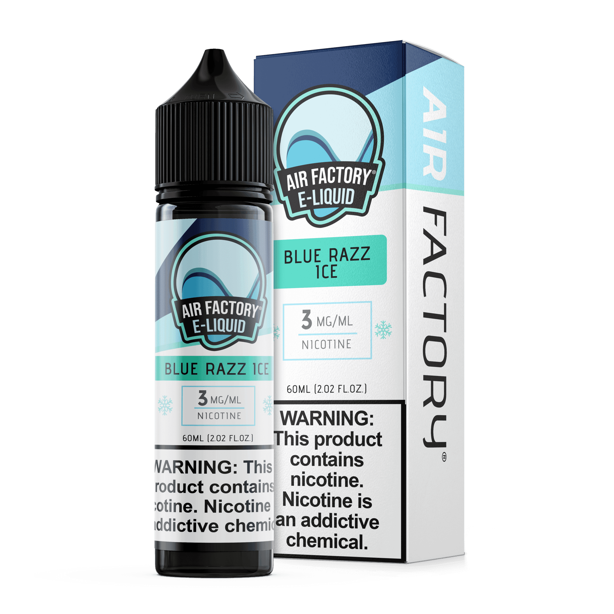 Blue Razz ICE Air Factory e-liquid 60mL bottle with vibrant blue raspberry flavor and icy menthol cooling effect.