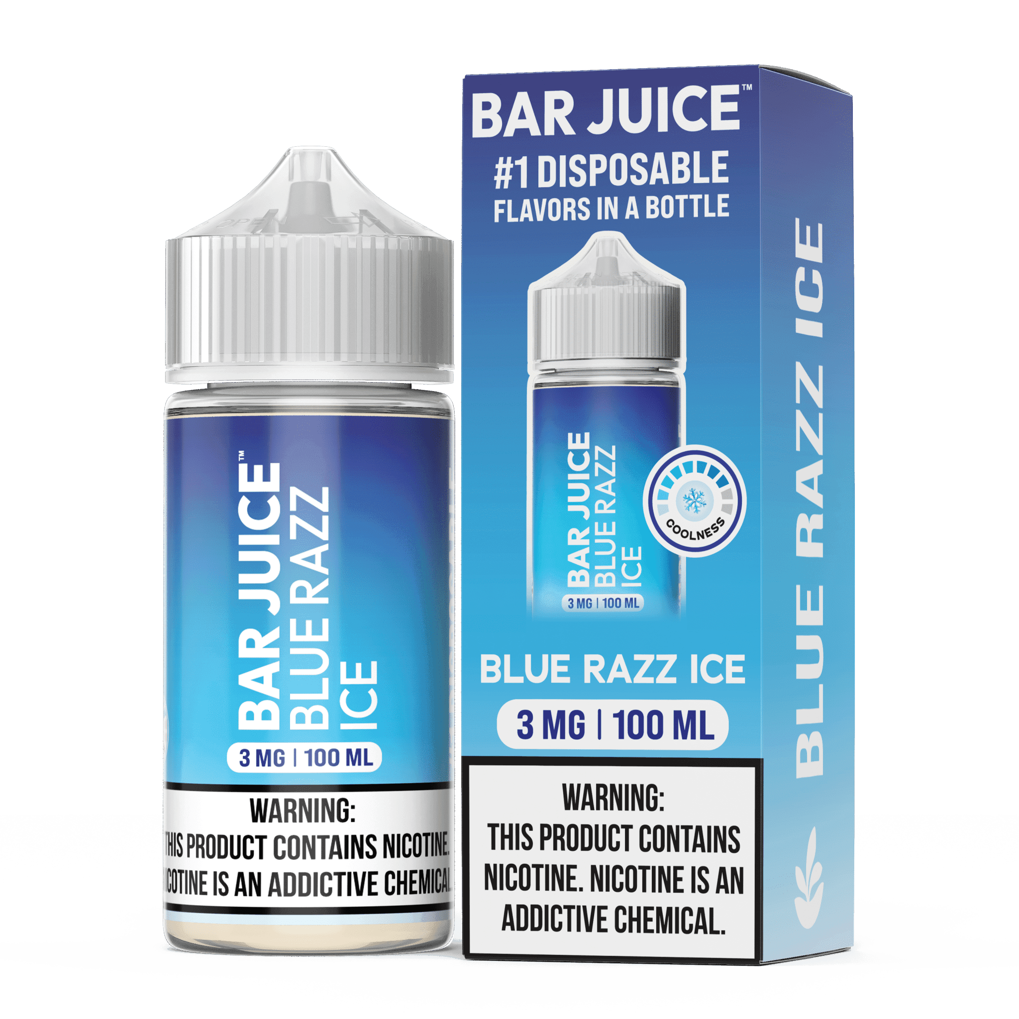 Blue Razz ICE Bar Juice e-liquid in 100mL bottle, featuring a vibrant blue raspberry flavor with icy menthol cooling effect.
