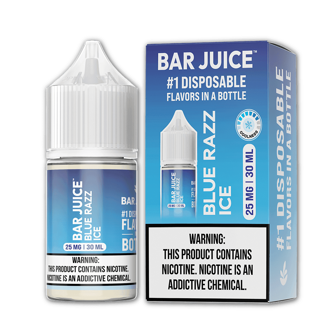 Blue Razz ICE Salt e-liquid by Bar Juice in 30mL bottle, featuring vibrant blue raspberry flavor with cooling menthol finish.
