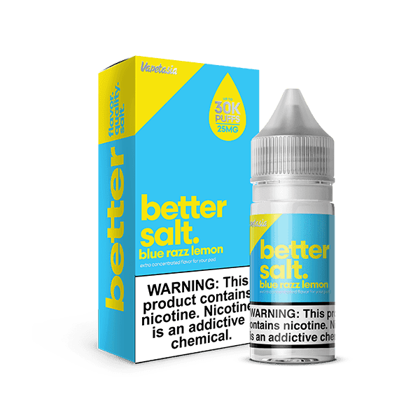 Blue Razz Lemon SALT e-liquid by Vapetasia in 30ml bottle, featuring blue raspberry and lemon flavor with salt nicotine.