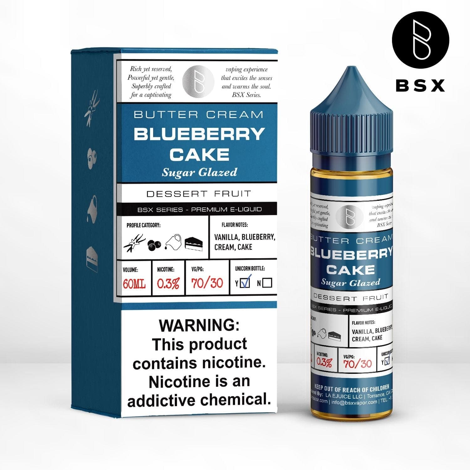 Blueberry Cake BSX Series e-liquid bottle from BSX Vapor, 60mL with blueberry and cake flavor illustration.