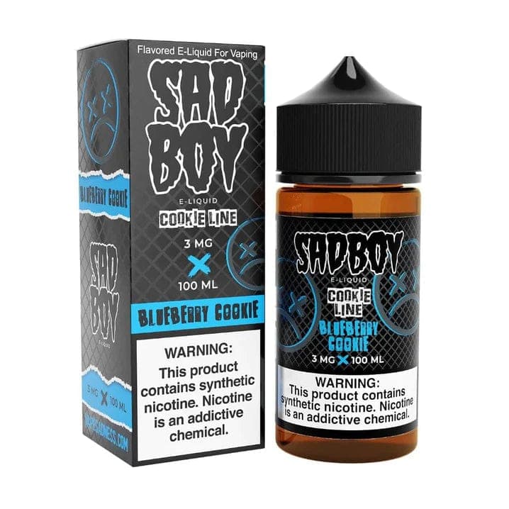 Blueberry Cookie Sadboy E-Liquid bottle, 100mL, featuring a label with blueberry and cookie imagery, for vaping enthusiasts.