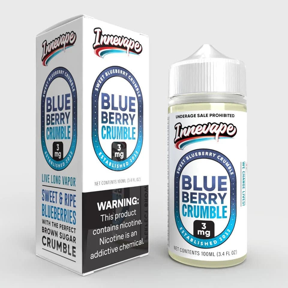 Blueberry Crumble e-liquid by Innevape, 100mL bottle with blueberry and dessert flavor profile, featuring a crumble topping.