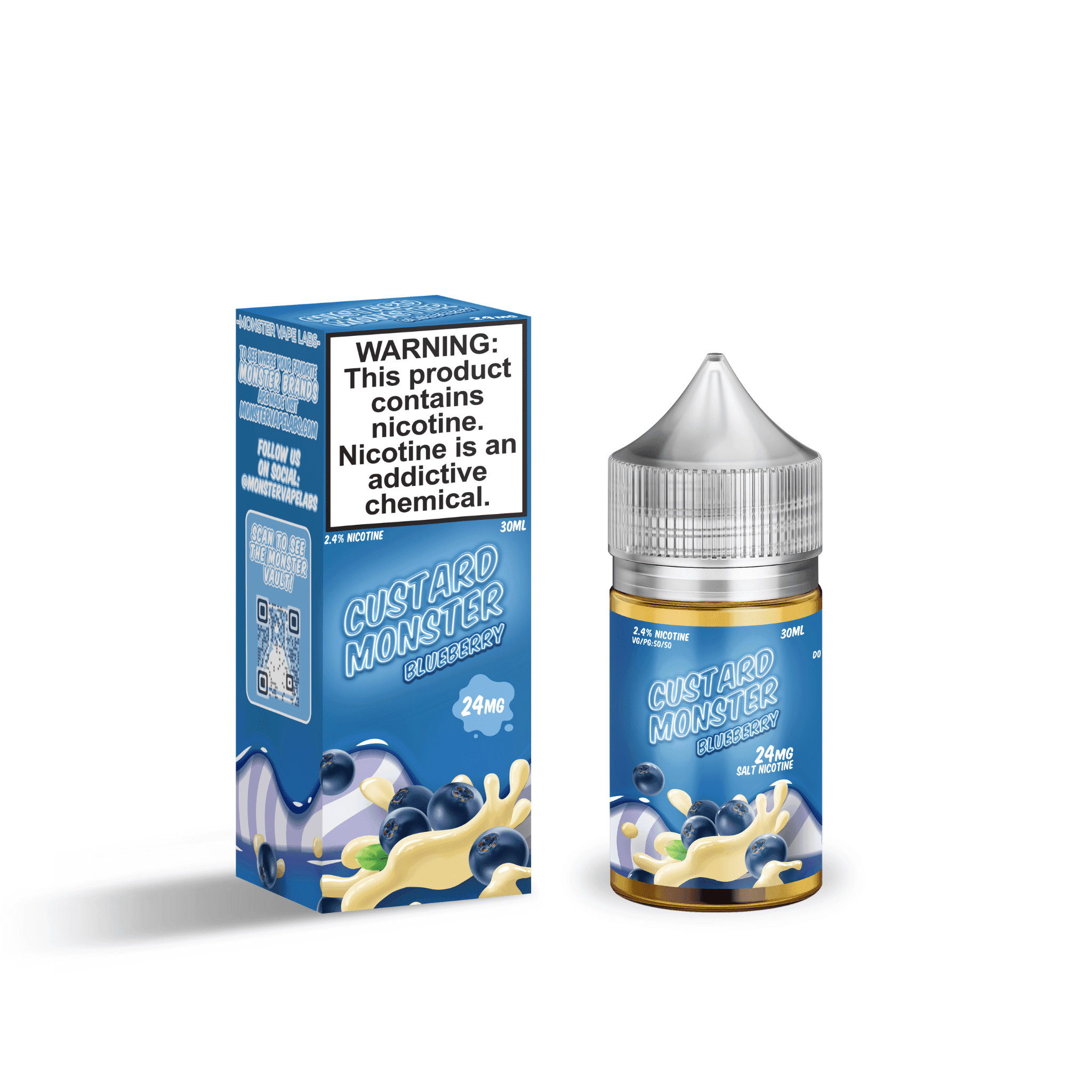 Blueberry Salt E-liquid by Custard Monster, 30mL bottle featuring fresh blueberry flavor in a creamy custard base.