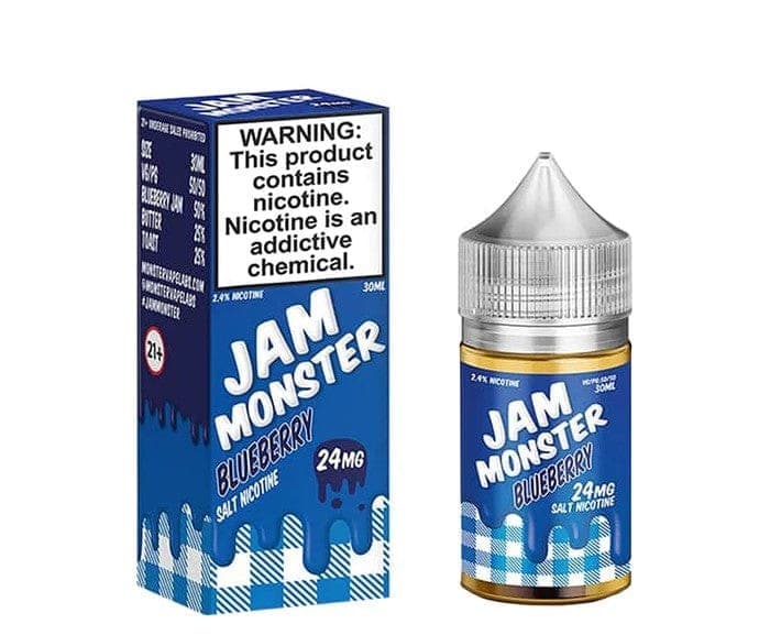 Blueberry SALT e-liquid by Jam Monster E-Liquid in a 30mL bottle, featuring a flavorful blueberry jam vaping aroma.