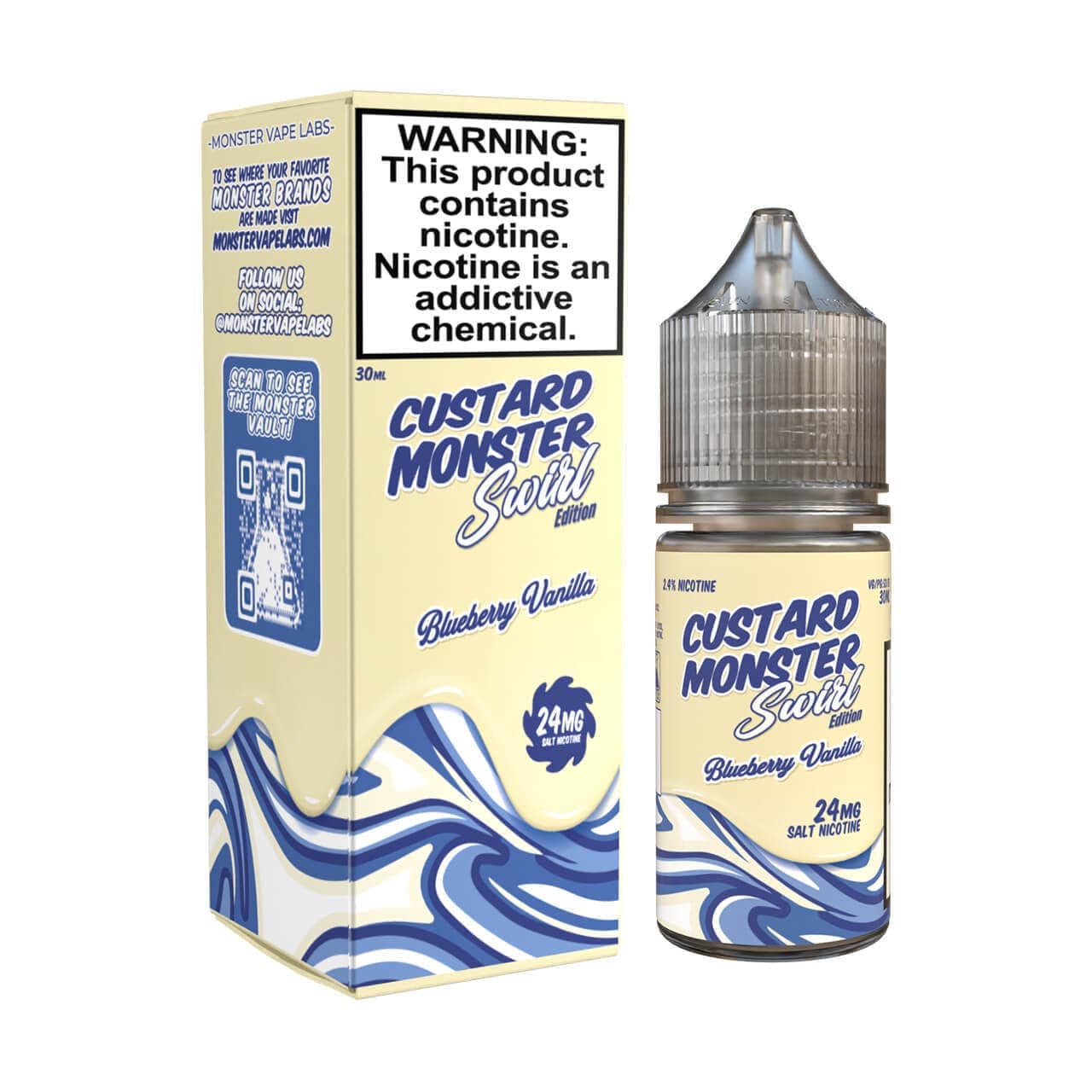 Blueberry vanilla salt e-liquid by Custard Monster Swirl Edition in 30mL bottle, featuring a creamy custard flavor with blueberry and vanilla notes.