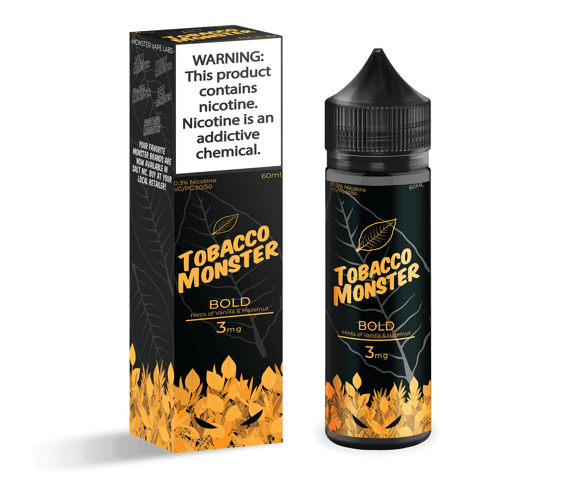 Bold Tobacco Monster 100mL e-liquid bottle with bold label, featuring dark tobacco imagery and branding on a white background.