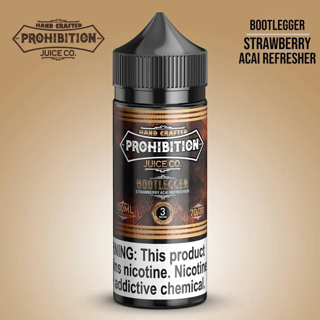 Prohibition Juice Co. Bootlegger 100mL e-liquid bottle with colorful label for vaping enthusiasts.