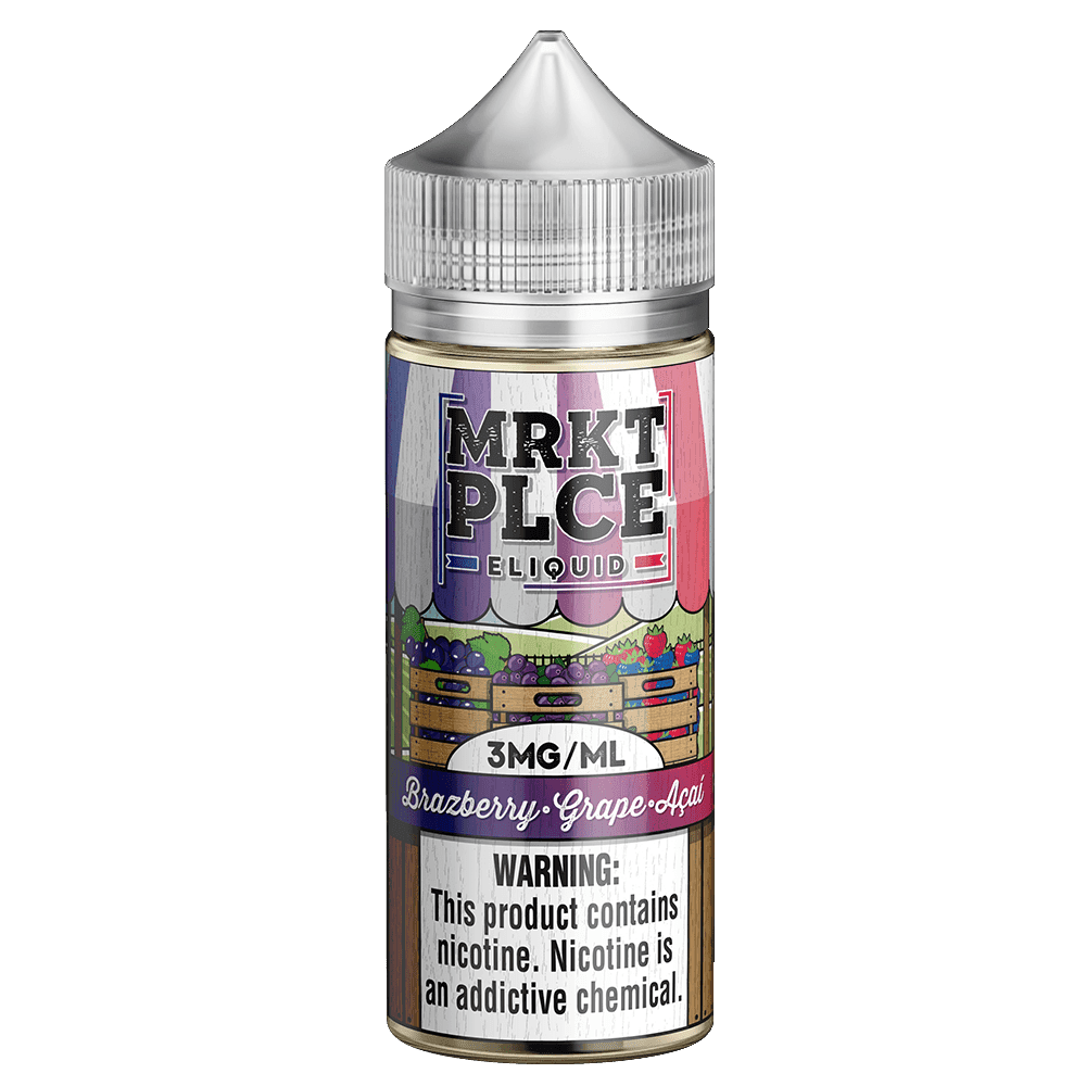 Brazberry Grape Acai MRKT PLCE e-liquid bottle, 100mL with purple grape and acai berry flavor design.