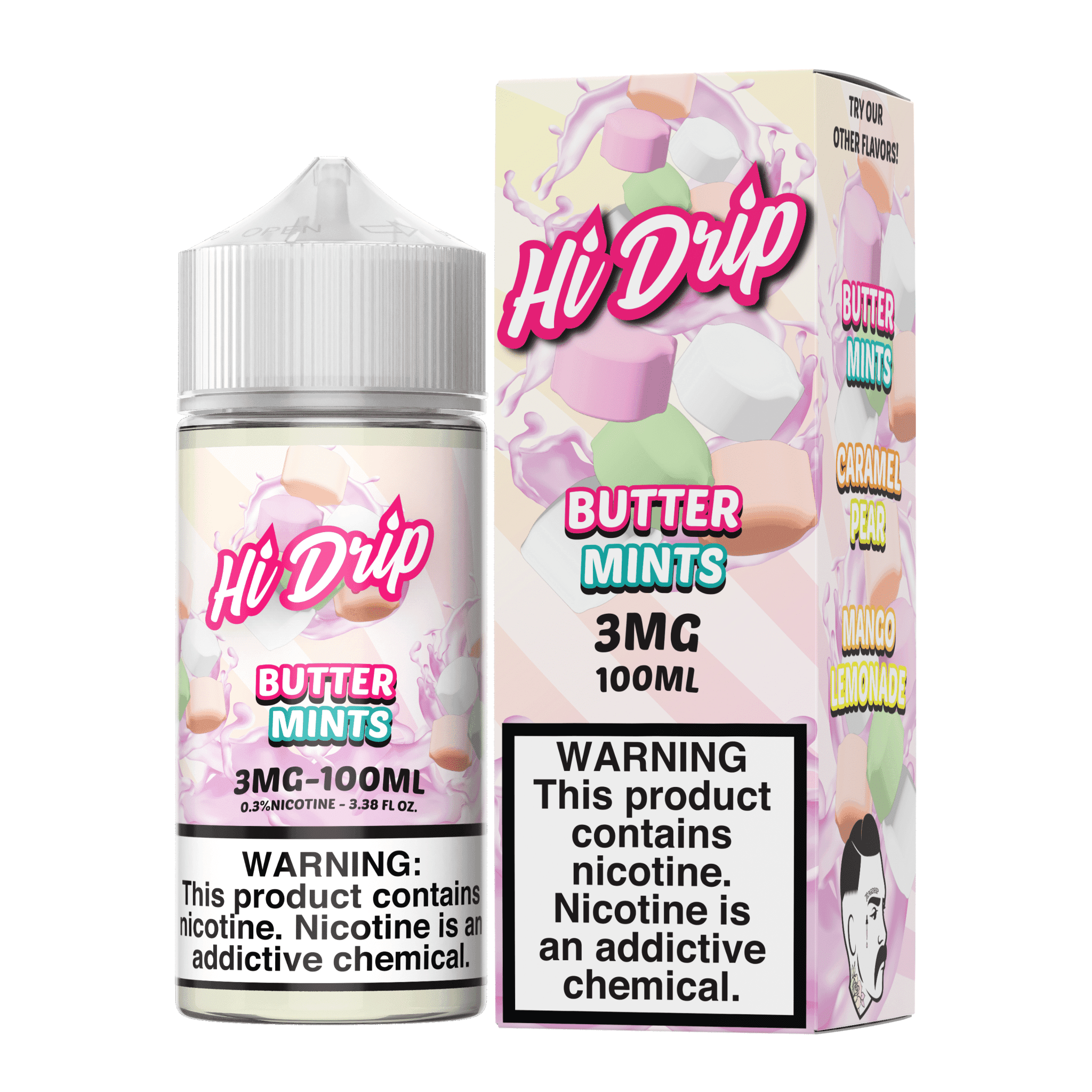 Hi Drip Butter Mints E-liquid 100mL bottle with mint candy flavor and clear label design.