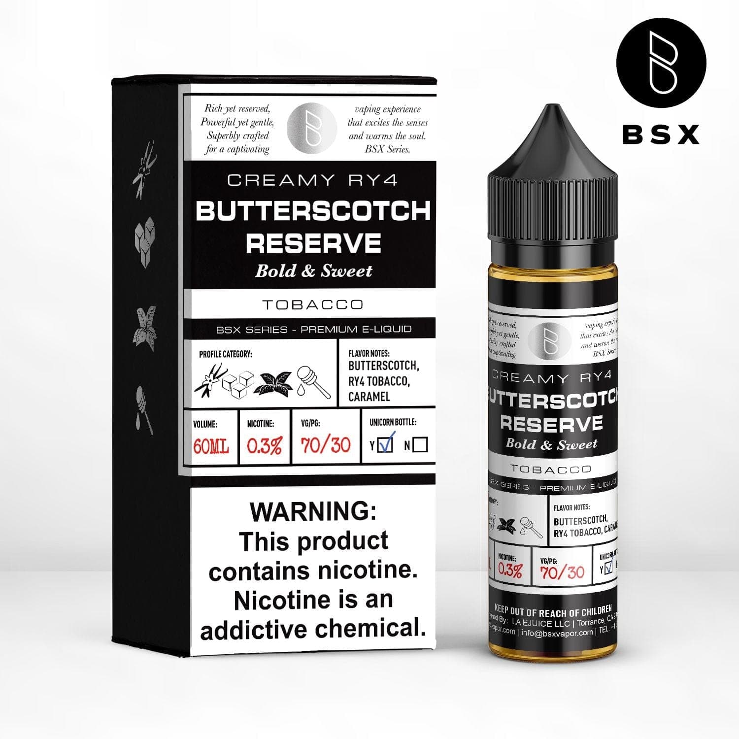 Bottle of BSX Vapor Butterscotch Reserve e-liquid in a 60mL bottle with a colorful label.