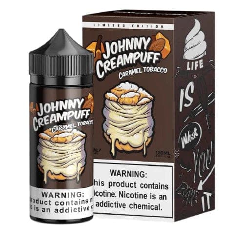 Bottle of Johnny Creampuff Caramel Tobacco e-liquid in 100mL bottle with caramel and tobacco flavor label.